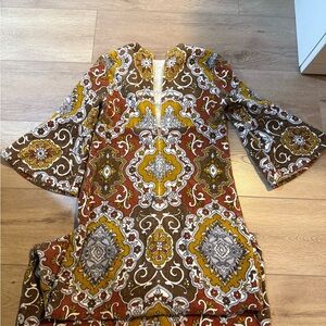 Vintage 70s Bohemian Patterned Terry Cloth Robe with Bell Sleeves